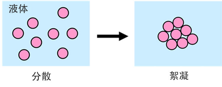 絮凝：固體顆粒在液體膠合中結合在一起